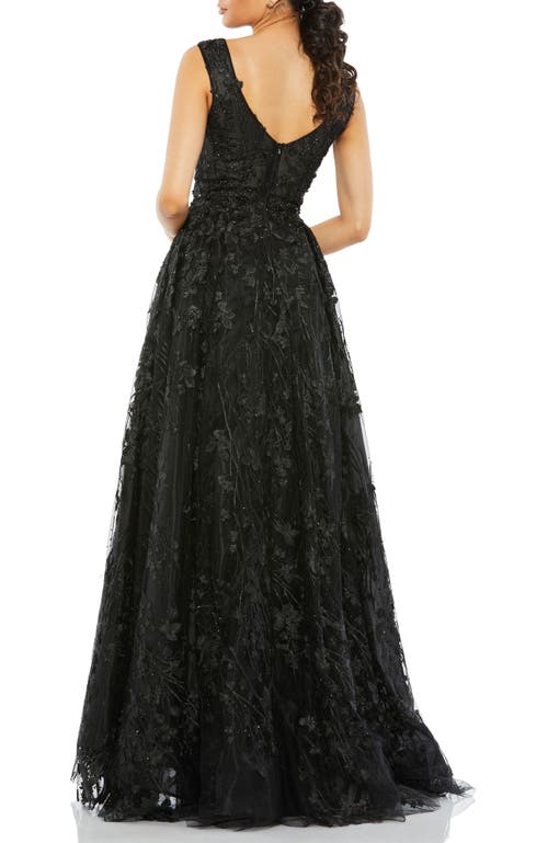 Mac Duggal Floral Embroidered Illusion V-neck A Line Gown In Black
