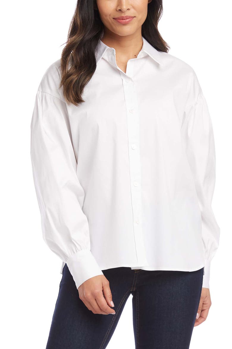 Balloon Sleeve Cotton Blend Button-Up Shirt, Main, color, WHITE