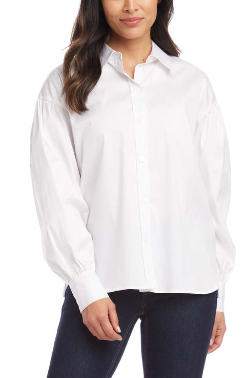 Balloon Sleeve Cotton Blend Button-Up Shirt