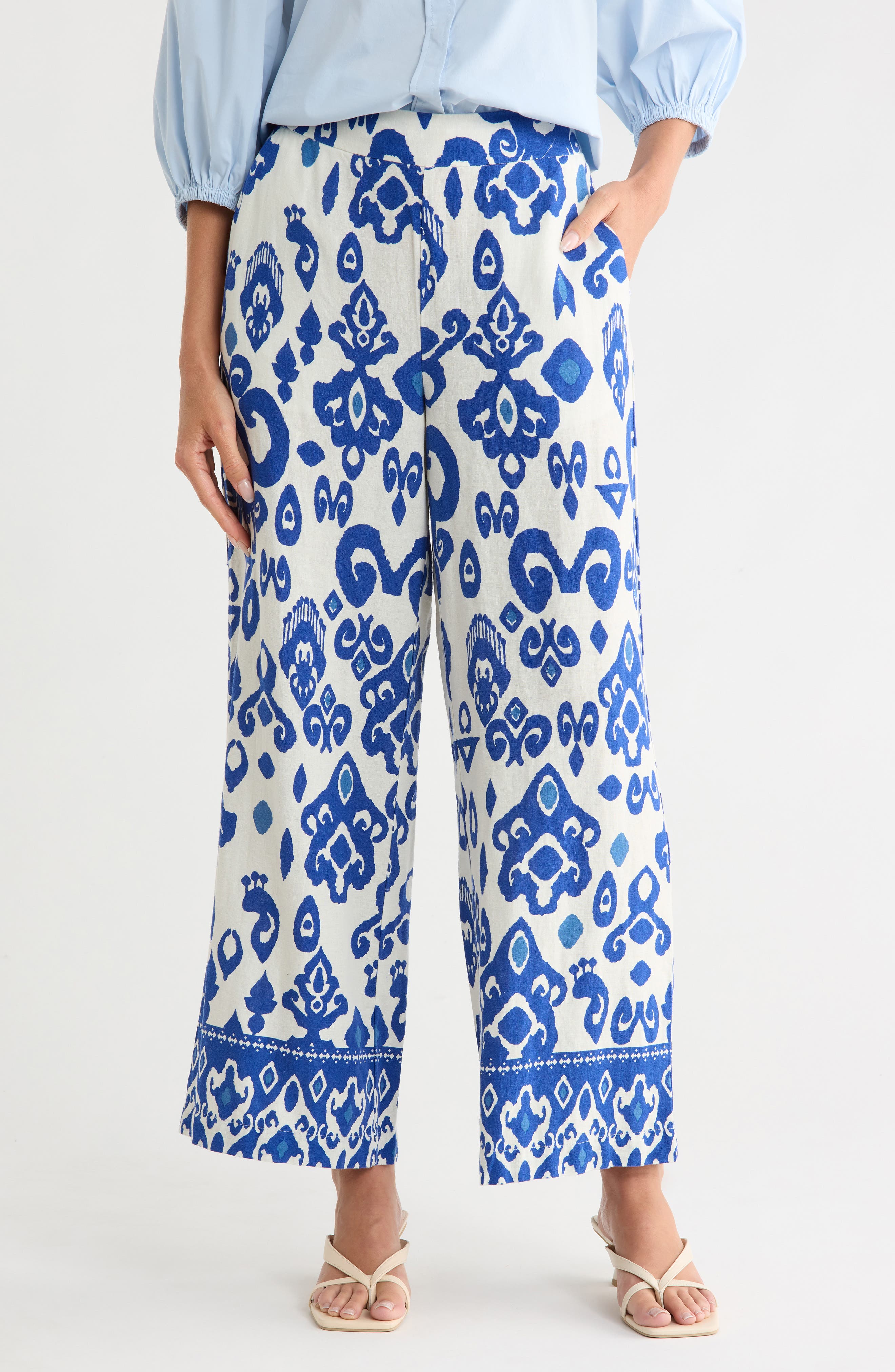 T Tahari Placed Print Linen Blend Pull-On Pants