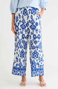 T Tahari Placed Print Linen Blend Pull-On Pants