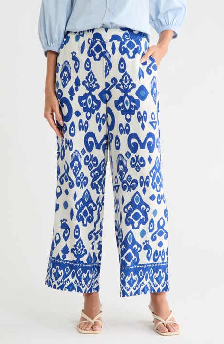 T Tahari Placed Print Linen Blend Pull-On Pants