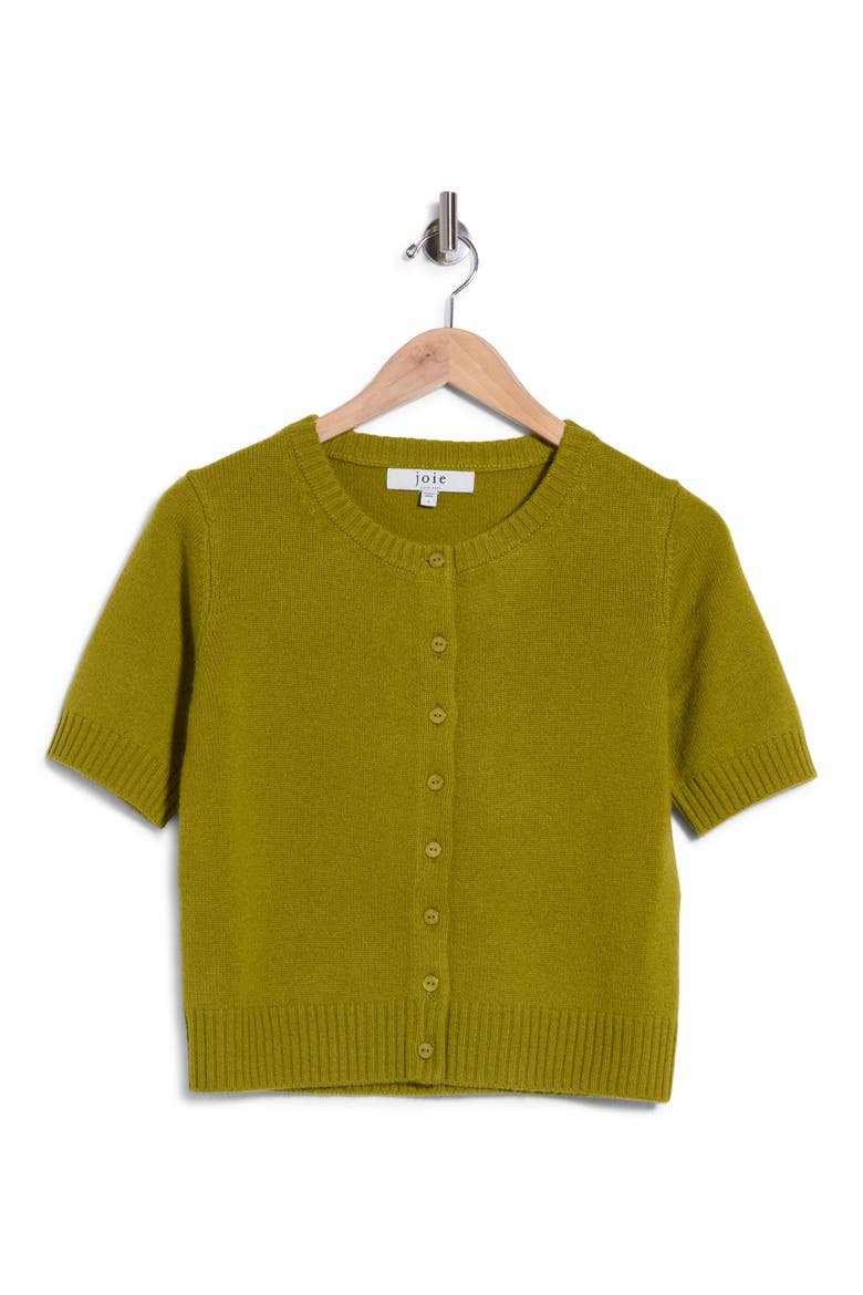 Cashmere Short-Sleeve Crewneck Cardigan, Main, color, AVOCADO OIL