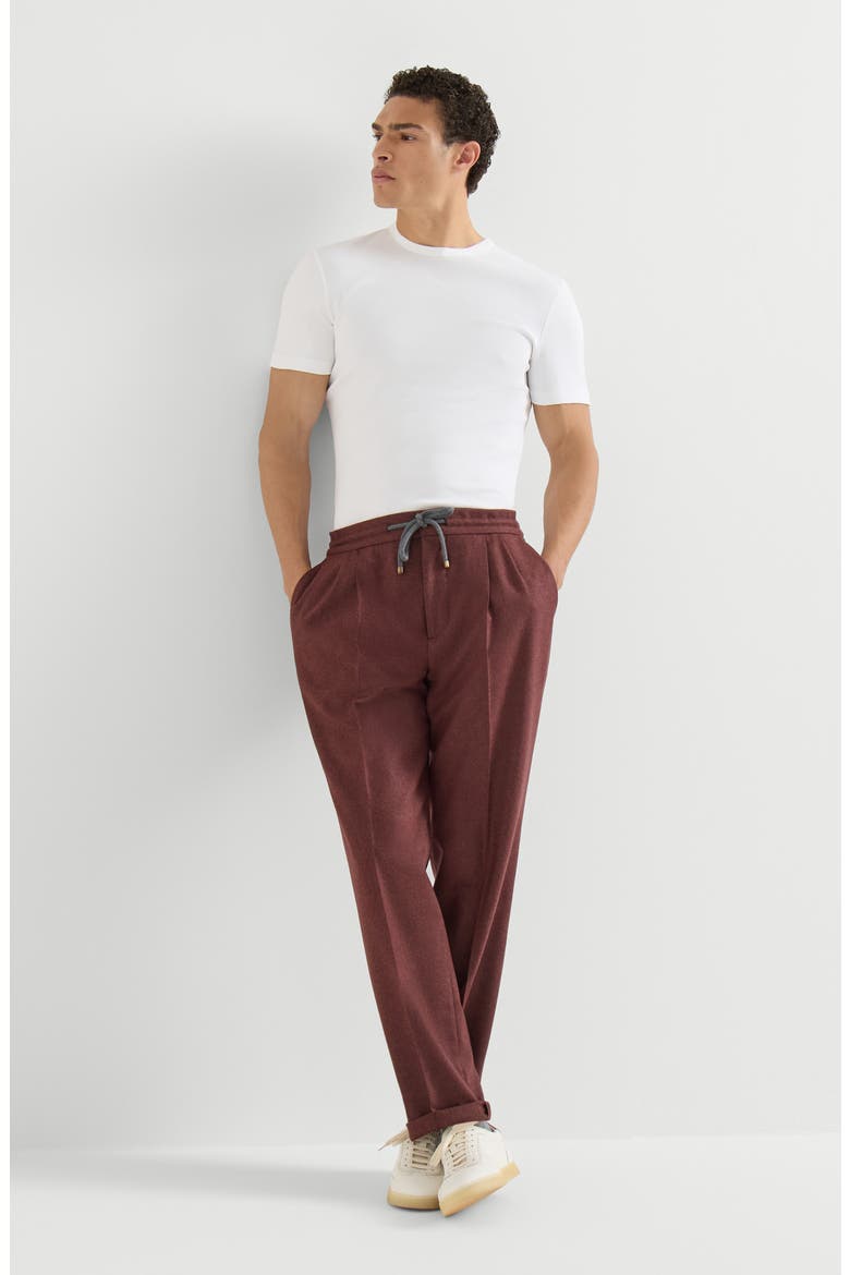 Virgin wool and cashmere flannel trousers with drawstring and double pleats, Alternate, color, Burned