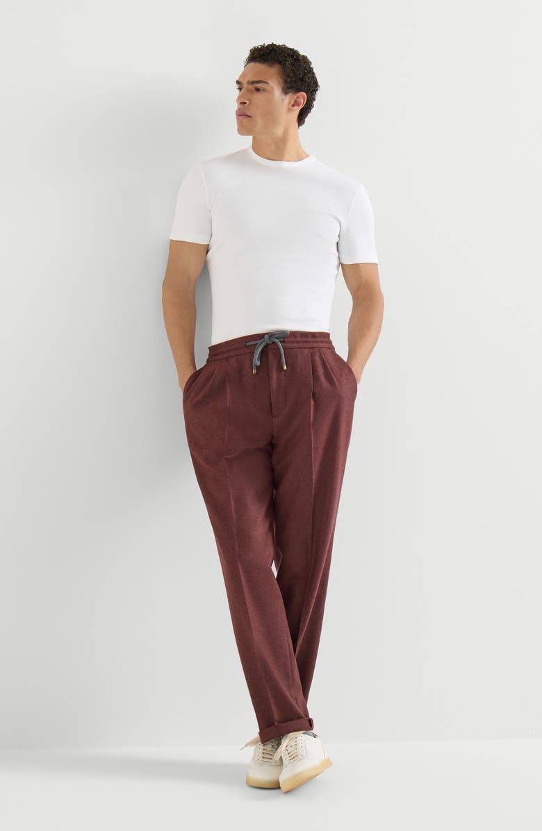 Brunello Cucinelli Virgin wool and cashmere flannel trousers with drawstring and double pleats, Alternate, color, Burned