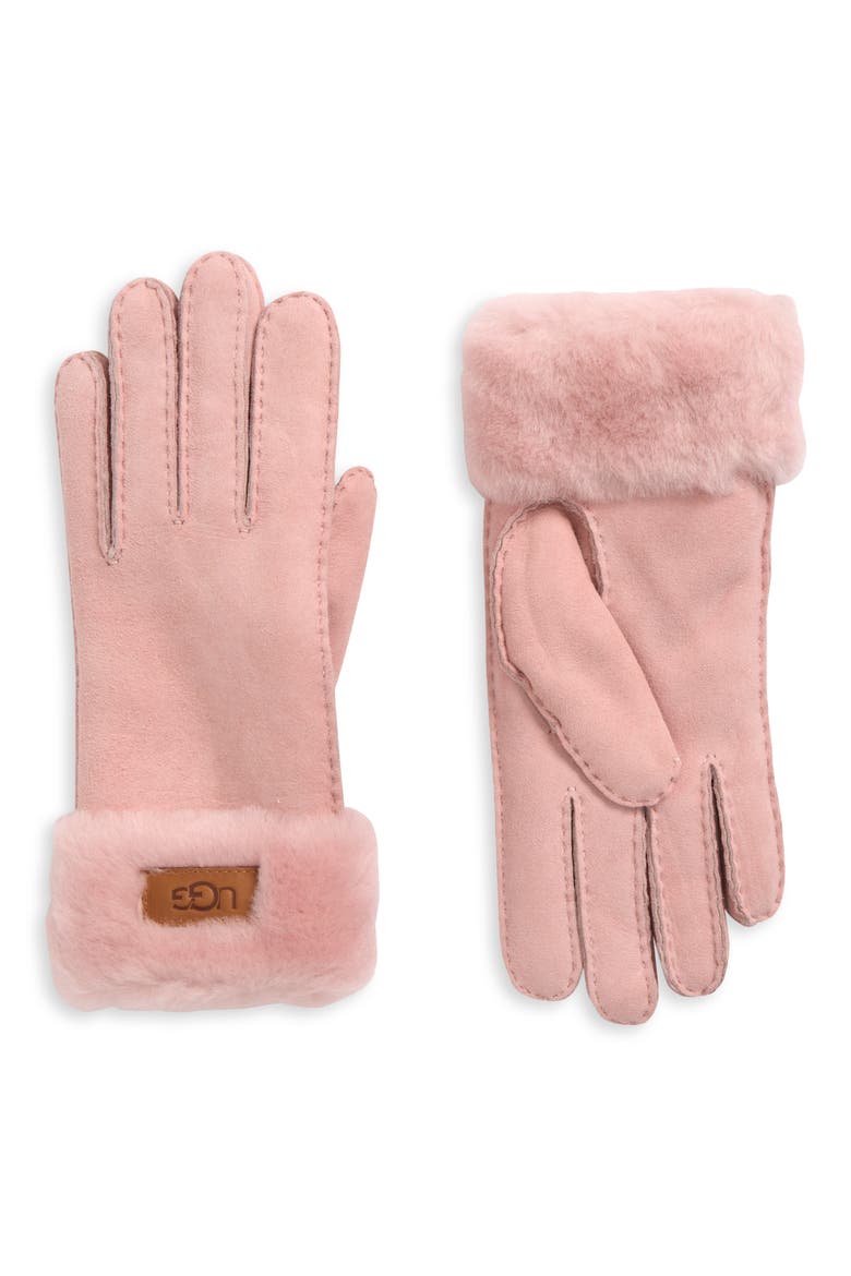Genuine Dyed Shearling Trim Leather Gloves, Main, color, PINK CLOUD