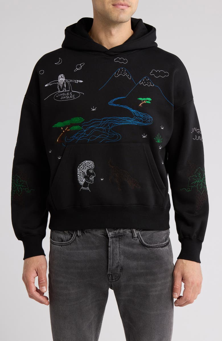 JUNGLES Questions Oversize Embroidered Pullover Hoodie, Main, color, 