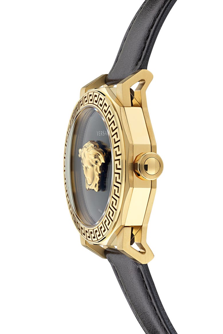 Medusa Deco Leather Strap Watch, 38mm, Alternate, color, IP YELLOW GOLD