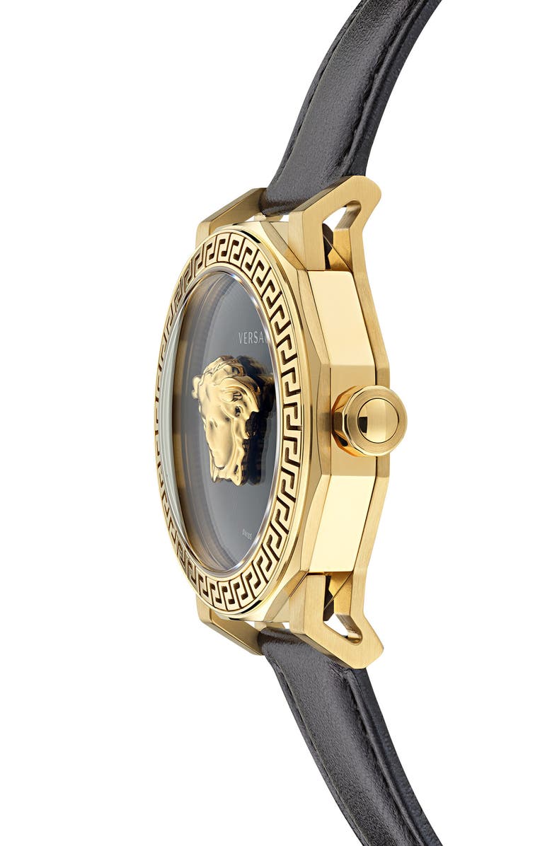 Versace Medusa Deco Leather Strap Watch, 38mm, Alternate, color, Ip Yellow Gold