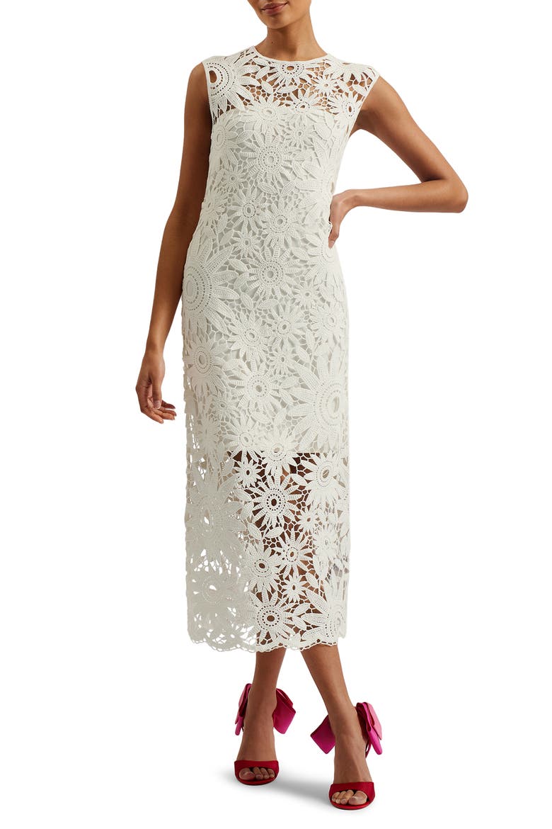 Corha Floral Lace Midi Dress, Main, color, IVORY