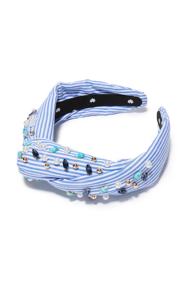 Marlene Embellished Seersucker Headband, Main, color, BLUE