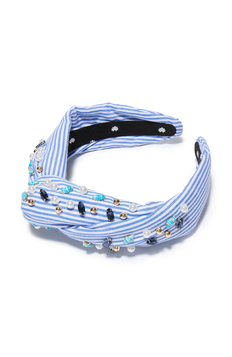 Lele Sadoughi Marlene Embellished Seersucker Headband, Main, color, Blue