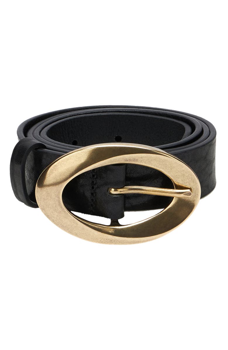 Fortela Gold Buckle Leather Belt, Main, color, Black