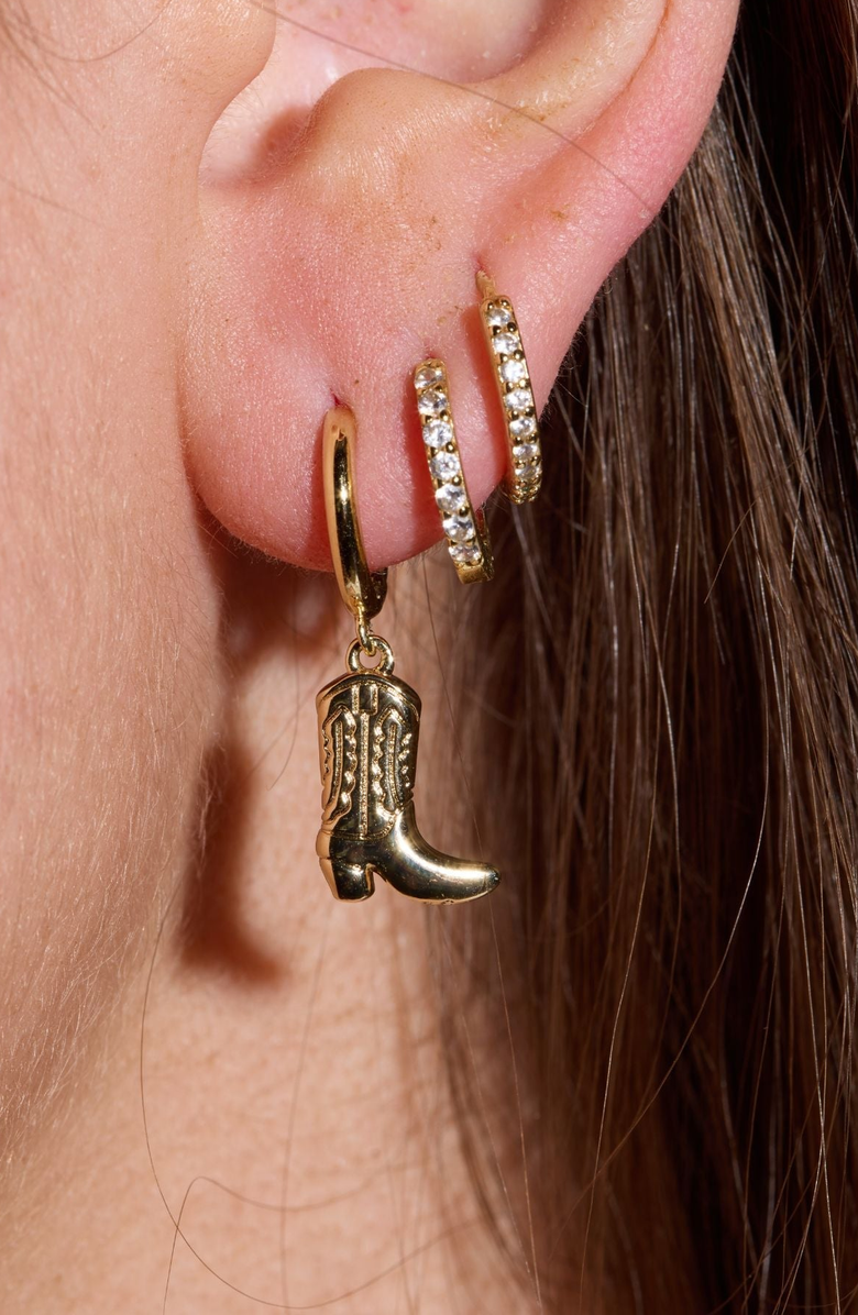 Nickel & Suede Cowgirl Boot Huggies Earrings, Alternate, color, Gold