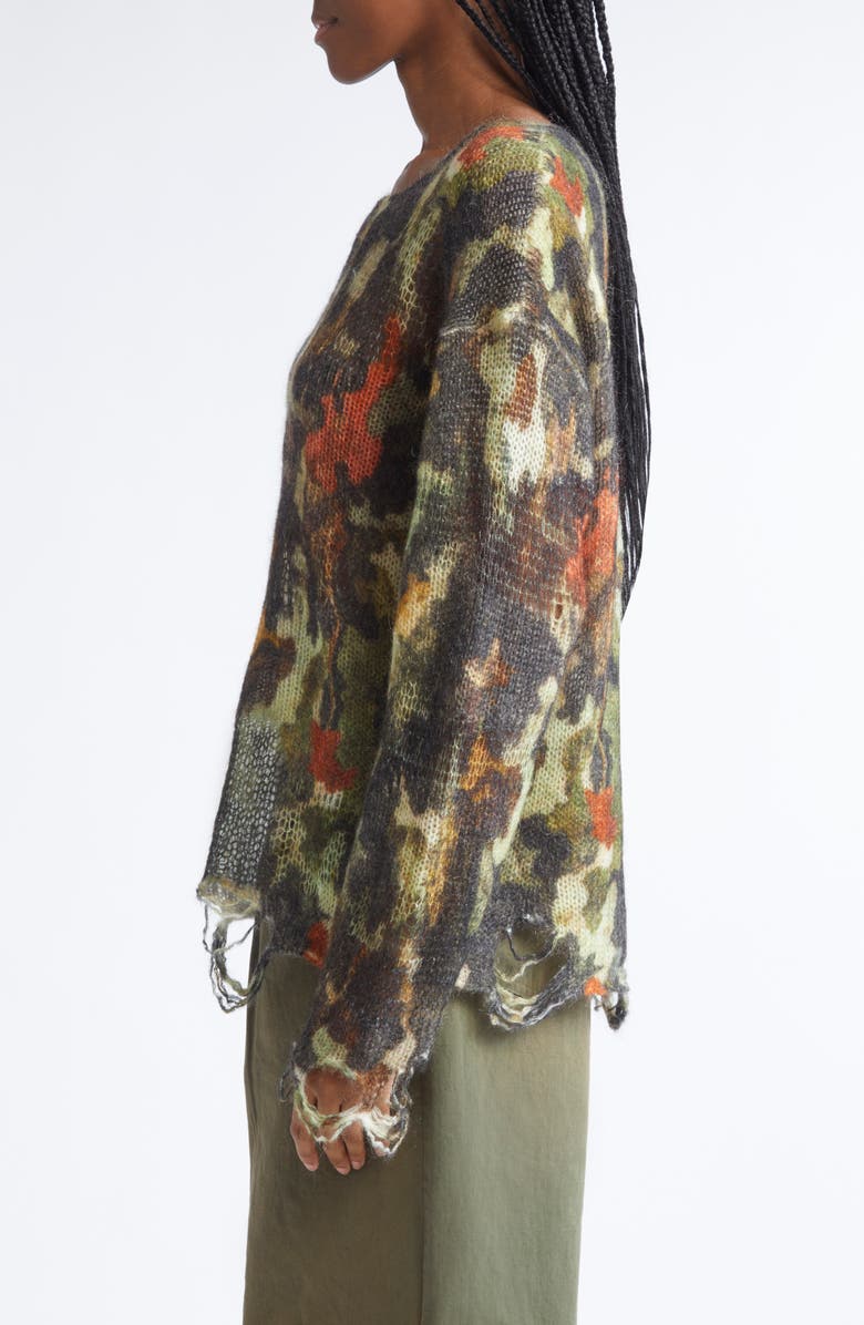 R13 Distressed Camouflage Merino Wool Boyfriend Sweater, Alternate, color, Light Camo Green