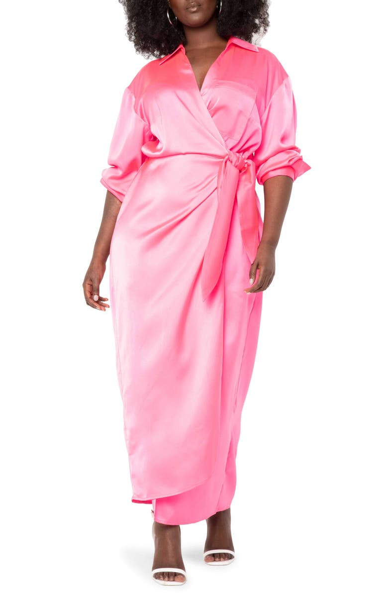 ELOQUII Satin Faux Wrap Long Sleeve Maxi Dress, Main, color, 