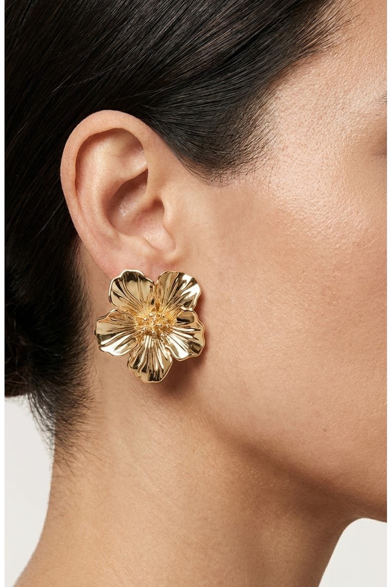 Hibiscus Flower Statement Earrings, Alternate, color, GOLD