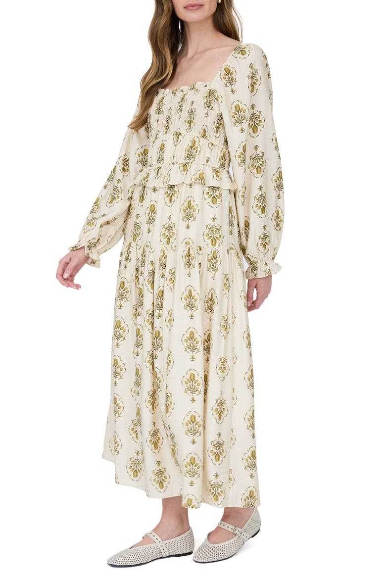 Smocked Long Sleeve Midi Dress, Alternate, color, CREAM MULTI