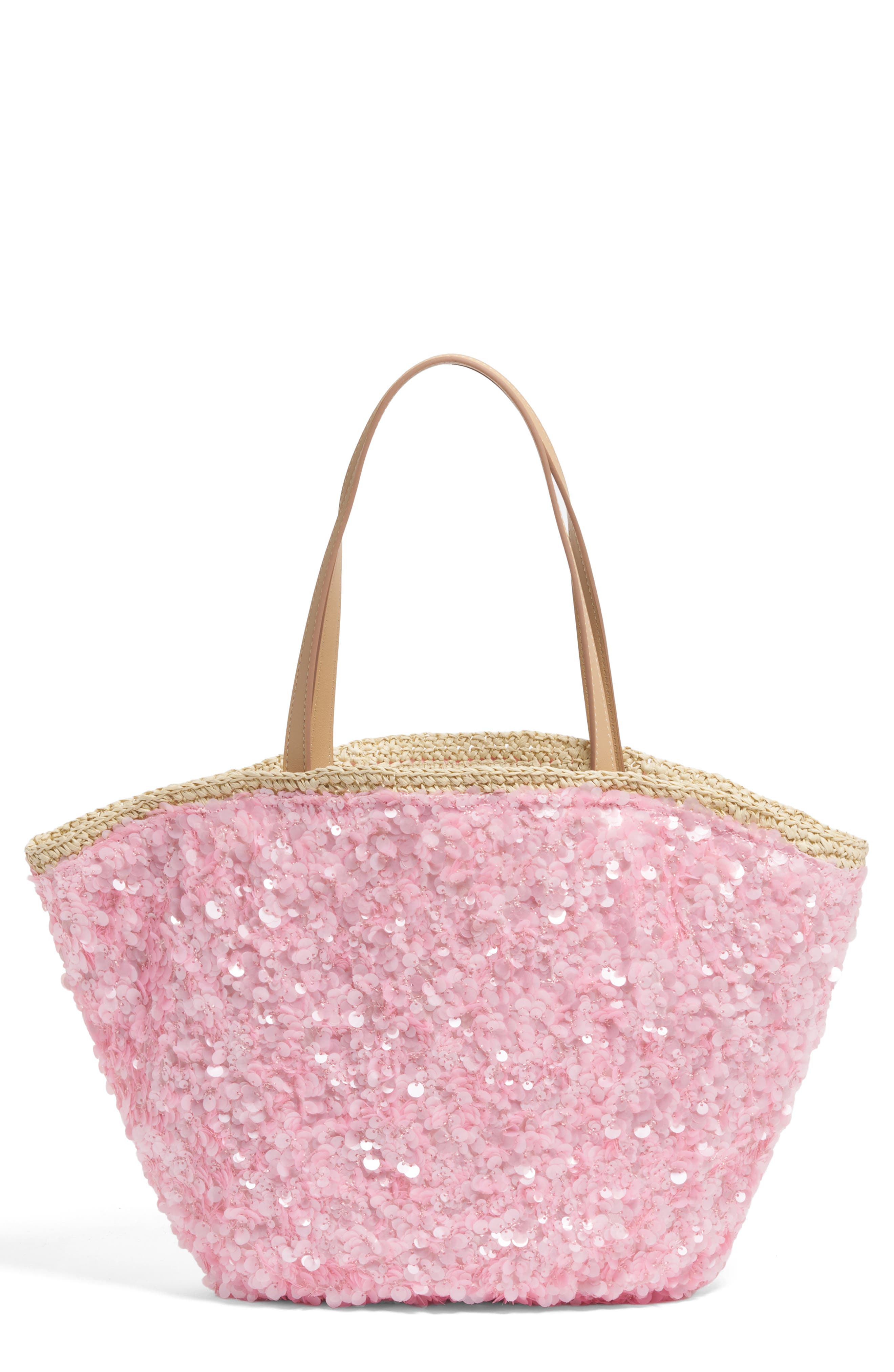 Stoney Clover Lane Curve Sequin Raffia Tote, Main, color, Sequined Pink