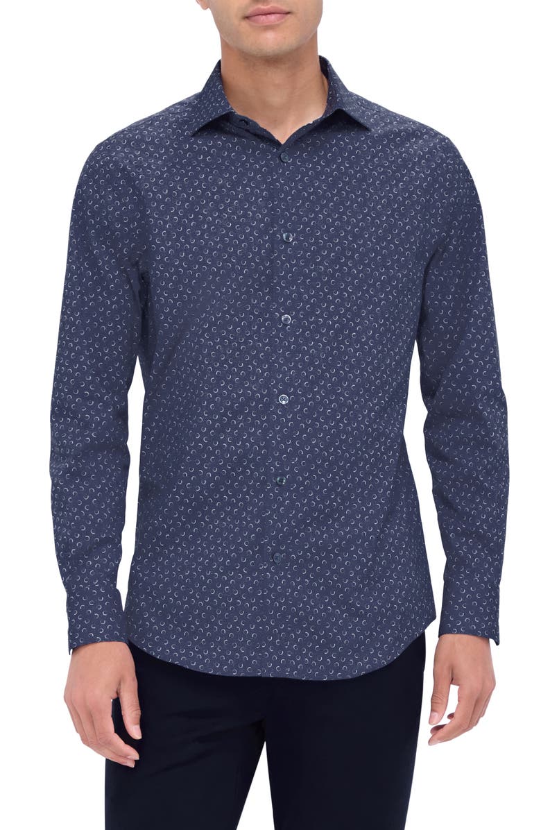 Bugatchi Axel Shaped Fit Trellis Print Stretch Cotton Button-Up Shirt, Main, color, Navy