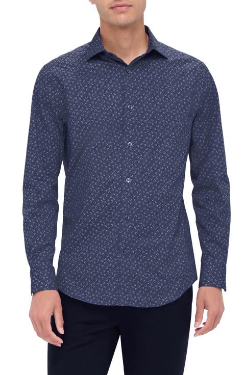 Axel Shaped Fit Trellis Print Stretch Cotton Button-Up Shirt