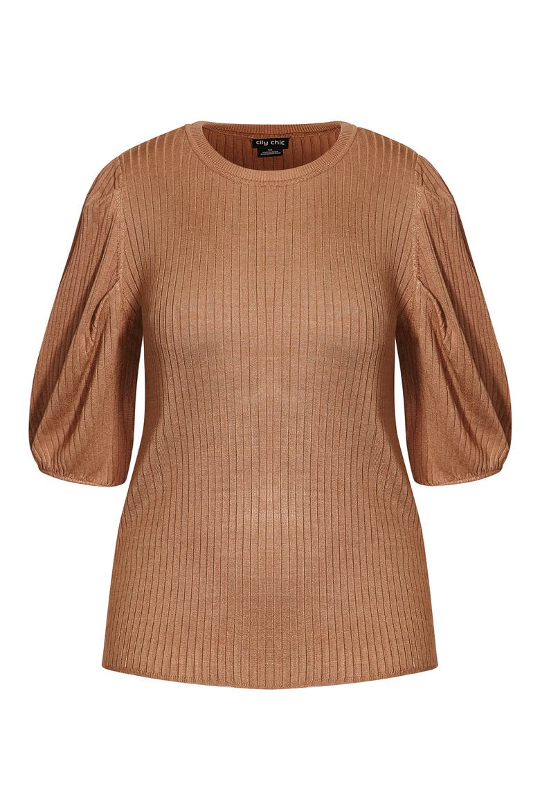 Sweet Rib Puff Sleeve Top, Alternate, color, TAN