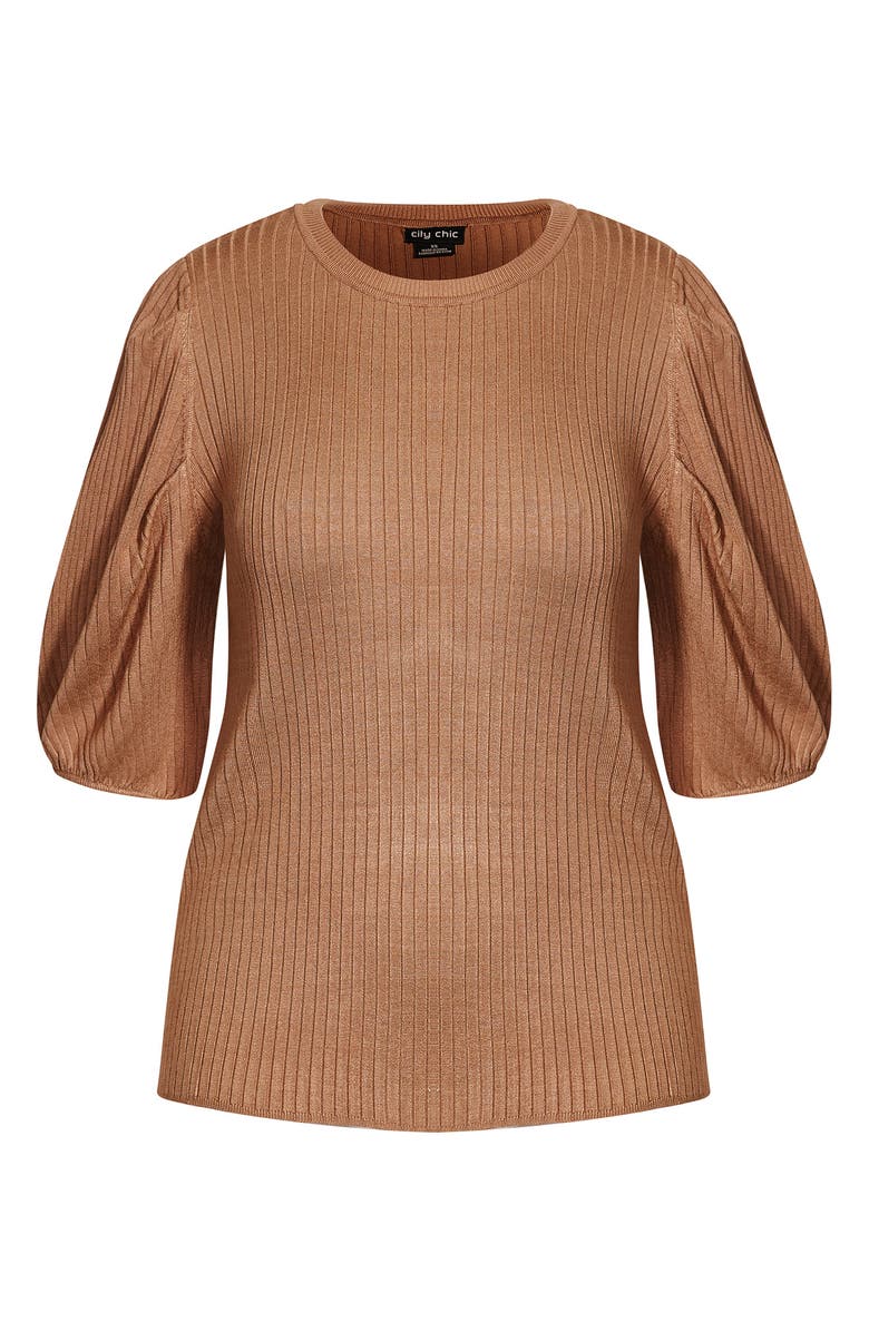 City Chic Sweet Rib Puff Sleeve Top, Alternate, color, Tan