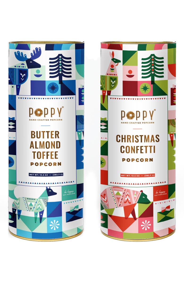 POPPY HANDCRAFTED POPCORN Set of 2 Holiday Popcorn Cylinders, Main, color, 
