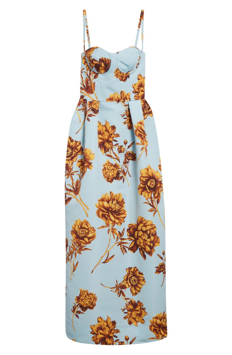 Oscar de la Renta Tonal Peony Print Faille Bustier Gown, Alternate, color, Brown/ Ice Blue