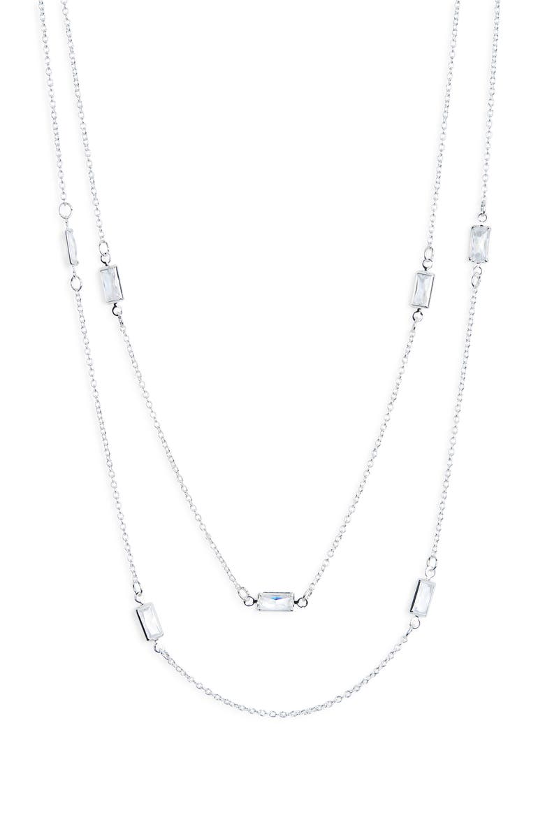 Baguette Cubic Zirconia Station Layered Necklace, Main, color, CLEAR- SILVER