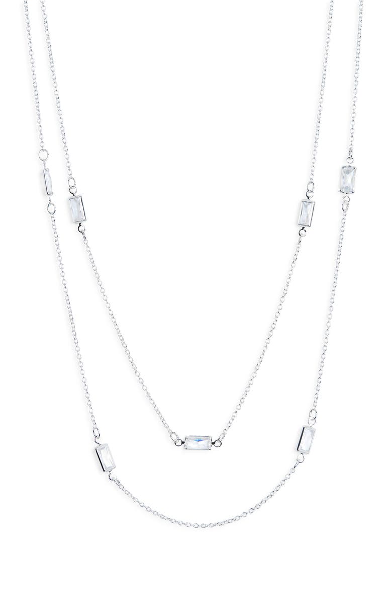 NORDSTROM RACK Baguette Cubic Zirconia Station Layered Necklace, Main, color, Clear- Silver