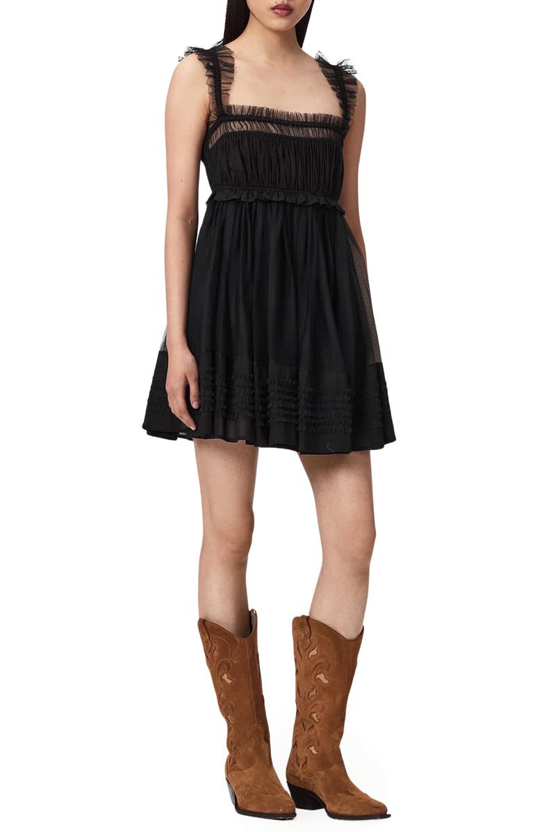 AllSaints Angela Tulle Detail Minidress, Main, color, Black
