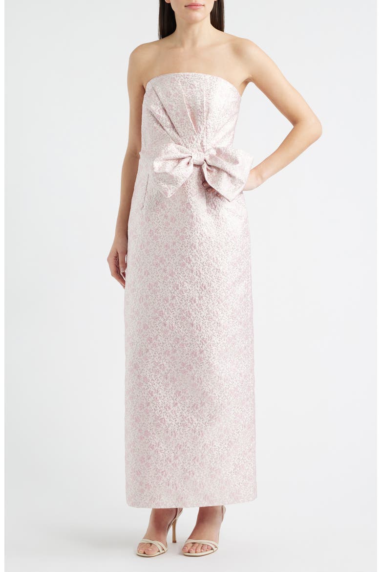 Tiernan Metallic Floral Embroidery Strapless Column Gown, Main, color, CONCH SHELL PINK RITSY DITSY