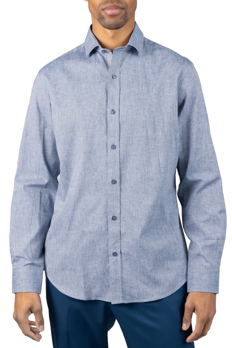 Mélange Linen Blend Button-Up Shirt, Main, color, DENIM BLUE