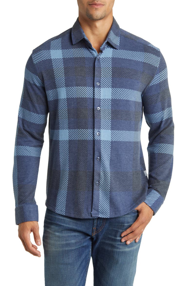 Big Plaid Tech Fleece Button-Up Shirt, Main, color, NAVY