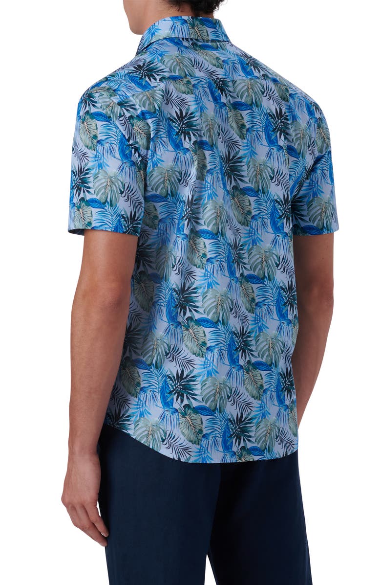 Bugatchi Shaped Fit Print Stretch Cotton Short Sleeve Button-Up Shirt, Alternate, color, Sky