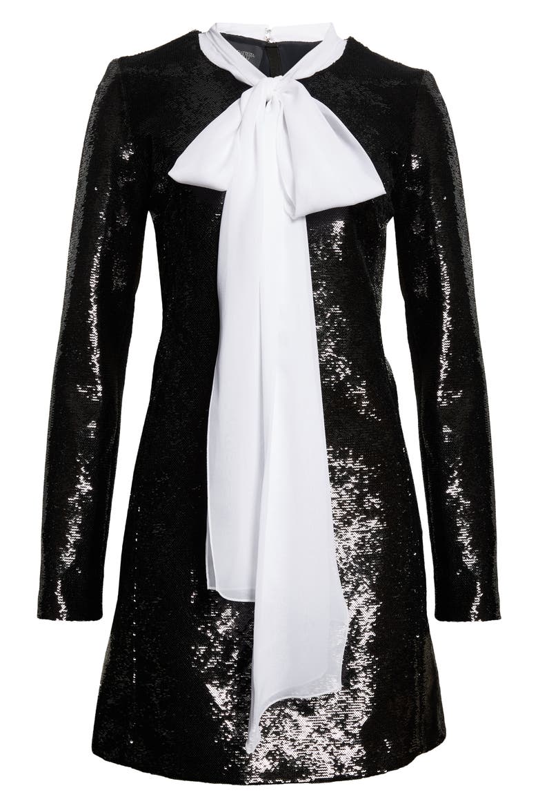 Bow Neck Long Sleeve Sequin Minidress, Alternate, color, BLACK