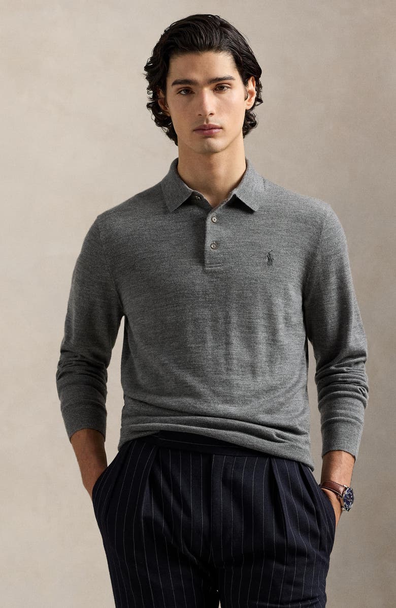 Polo Ralph Lauren Long Sleeve Wool Polo Sweater, Alternate, color, Fawn Grey Heather