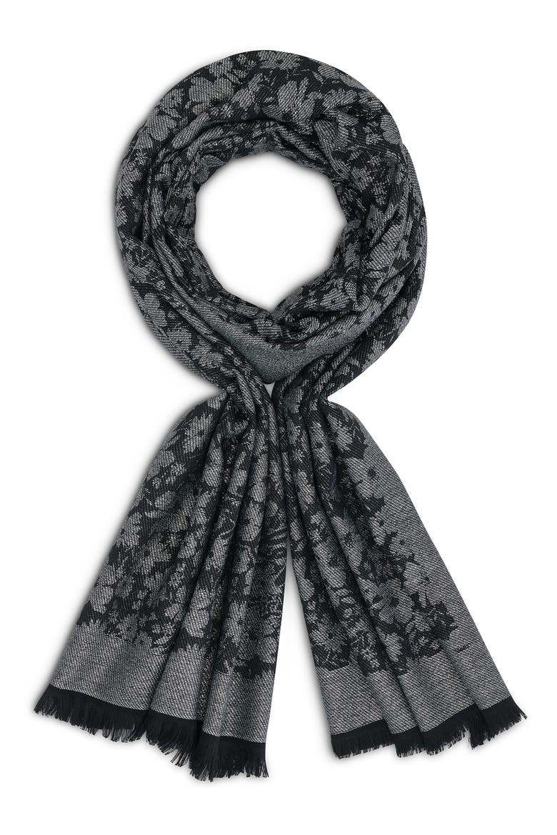 Metallic Daisy Evening Wrap Scarf, Main, color, BLACK
