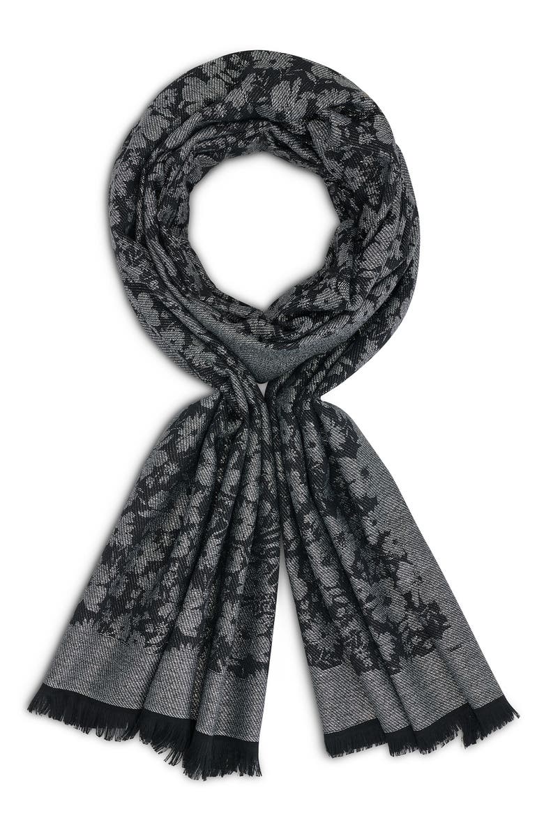 KARL LAGERFELD PARIS Metallic Daisy Evening Wrap Scarf, Main, color, Black
