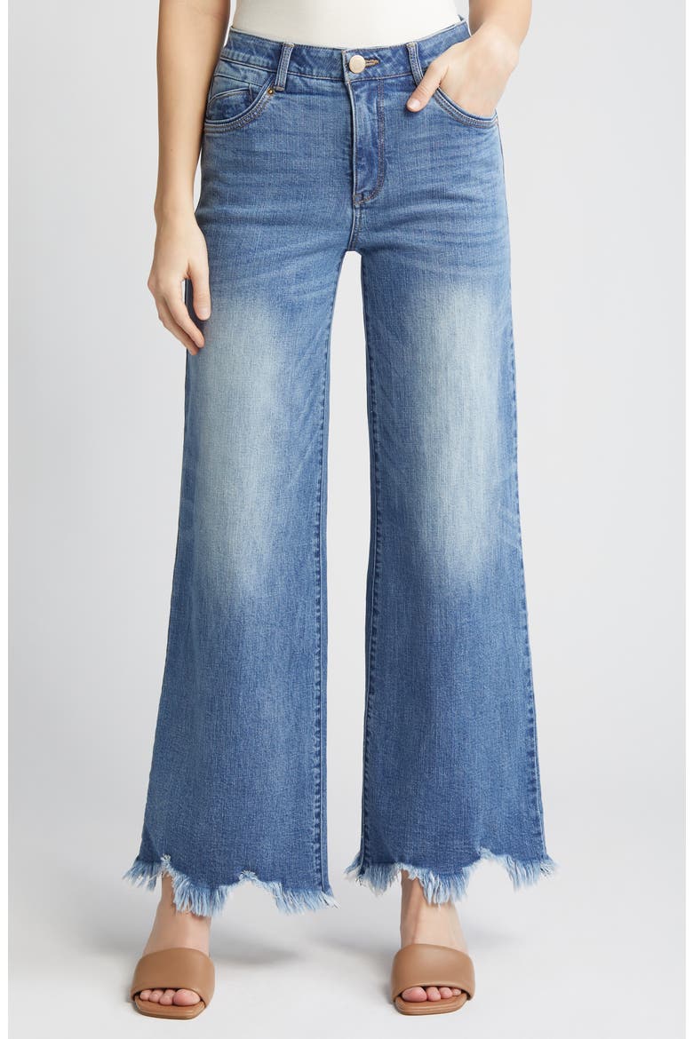 'Ab'Solution Raw Hem Wide Leg Jeans, Main, color, MID BLUE