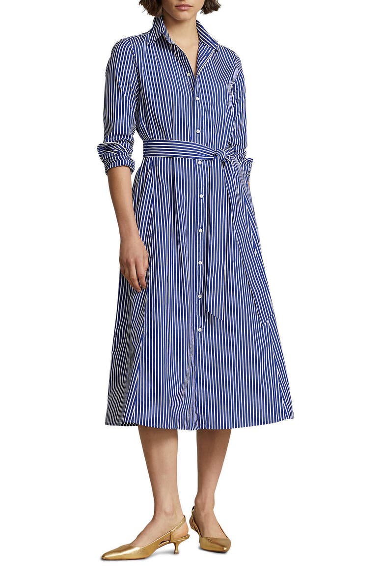 Ashton Long Sleeve Tie Waist Shirtdress, Main, color, 1073B BRIGHT NAVY/ WHITE