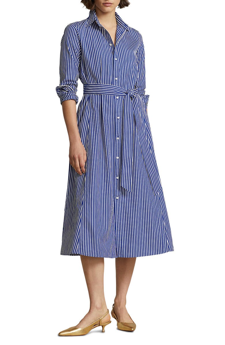 Polo Ralph Lauren Ashton Long Sleeve Tie Waist Shirtdress, Main, color, 1073B Bright Navy/ White