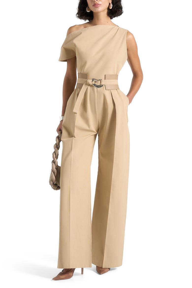 Valerie Tailored Off Shoulder Jumpsuit With Belt, Main, color, Beige