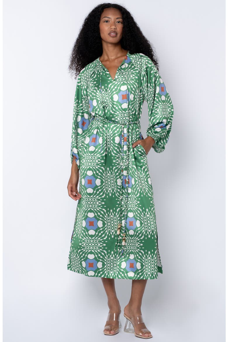 Jardin Abstract Print Long Sleeve Satin Dress, Alternate, color, GREEN MULTI