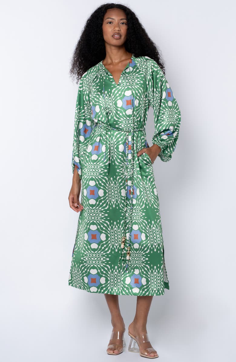 CIEBON Jardin Abstract Print Long Sleeve Satin Dress, Alternate, color, Green Multi