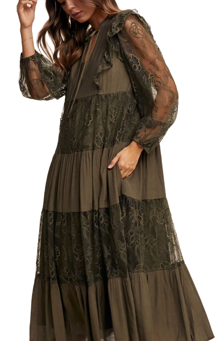 Knit and Lounge Lace Tiered Tie Detail Bishop Sleeve Maxi Dress, Alternate, color, 