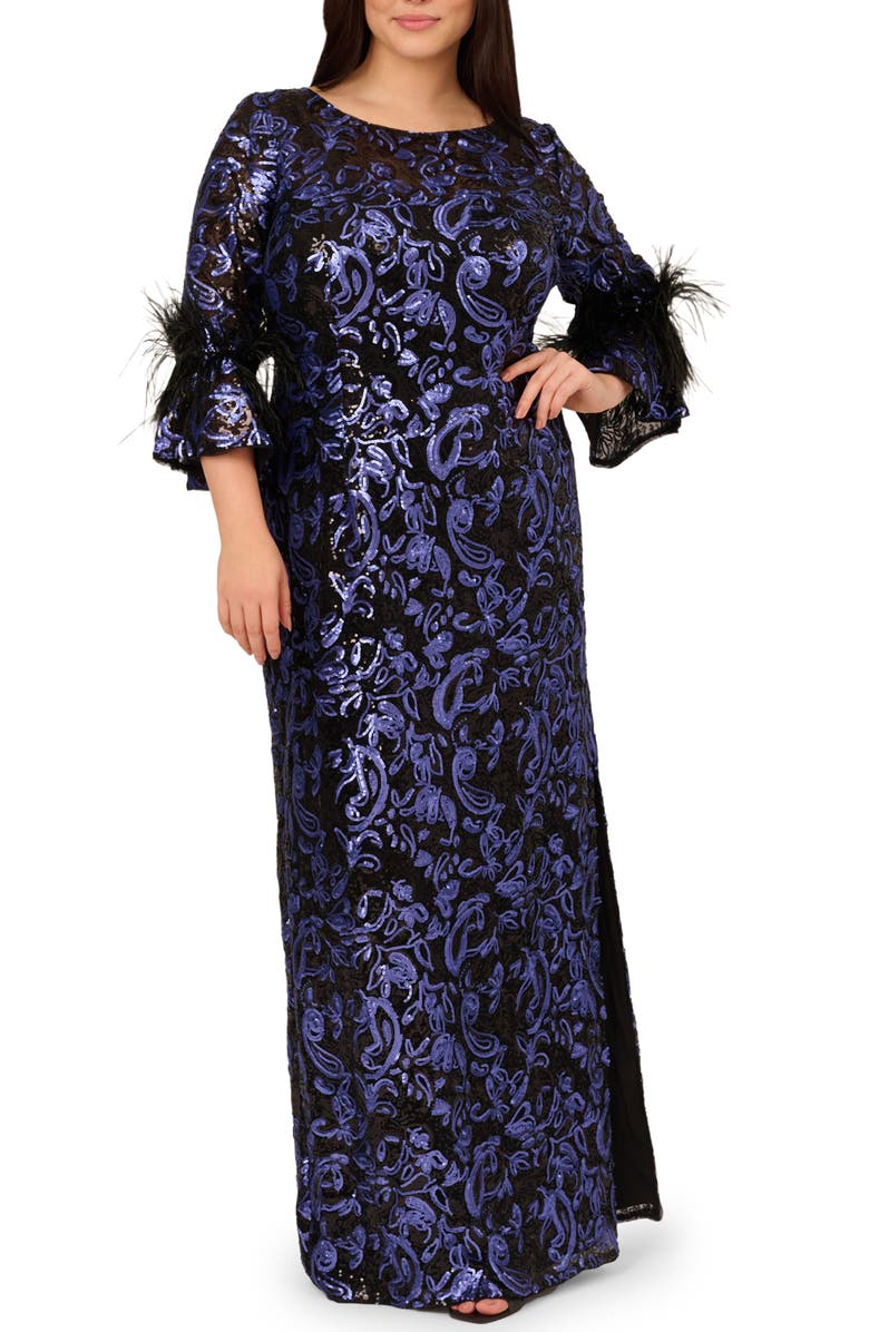 Adrianna Papell Sequin Embroidered Gown, Main, color, Black/ Blue