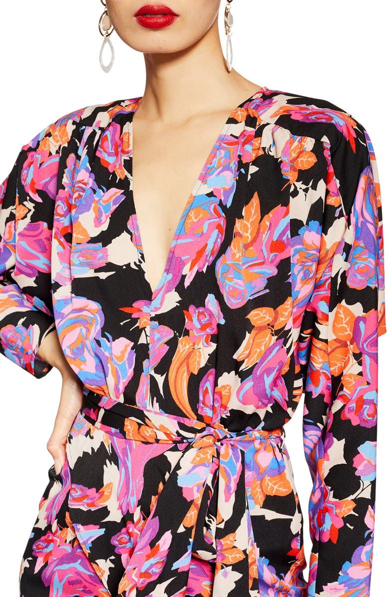 Topshop Belted V-Neck Long Sleeve Midi Dress, Alternate, color, 