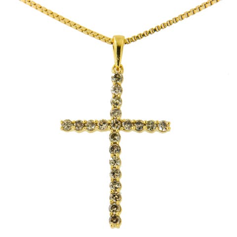14K Yellow Gold Plated Silver 1/2 Cttw Champagne Diamond Cross Pendant Necklace